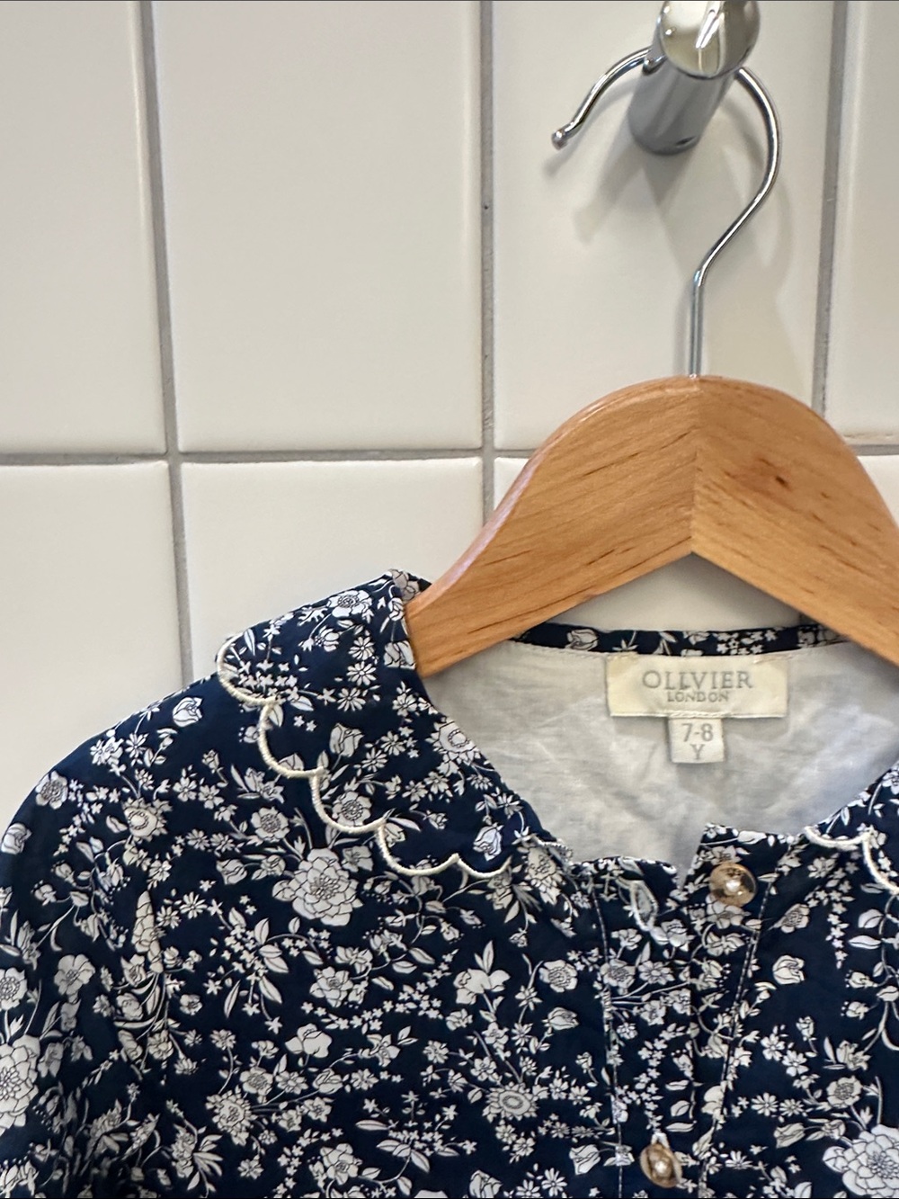 Pristine Olivier London Navy Floral Collared Dress, 7/8, 100% cotton!